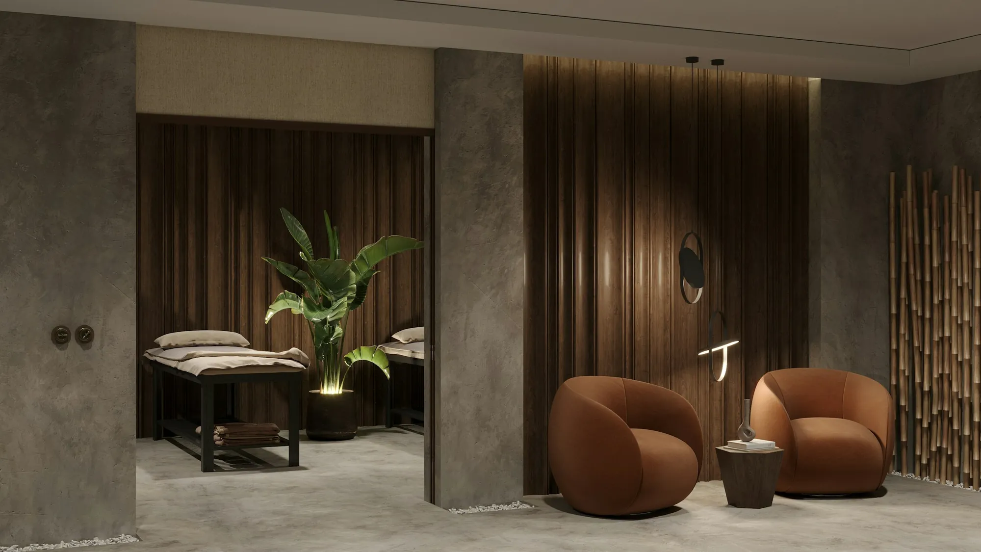 A quiet spa room with treatment beds and armchairs