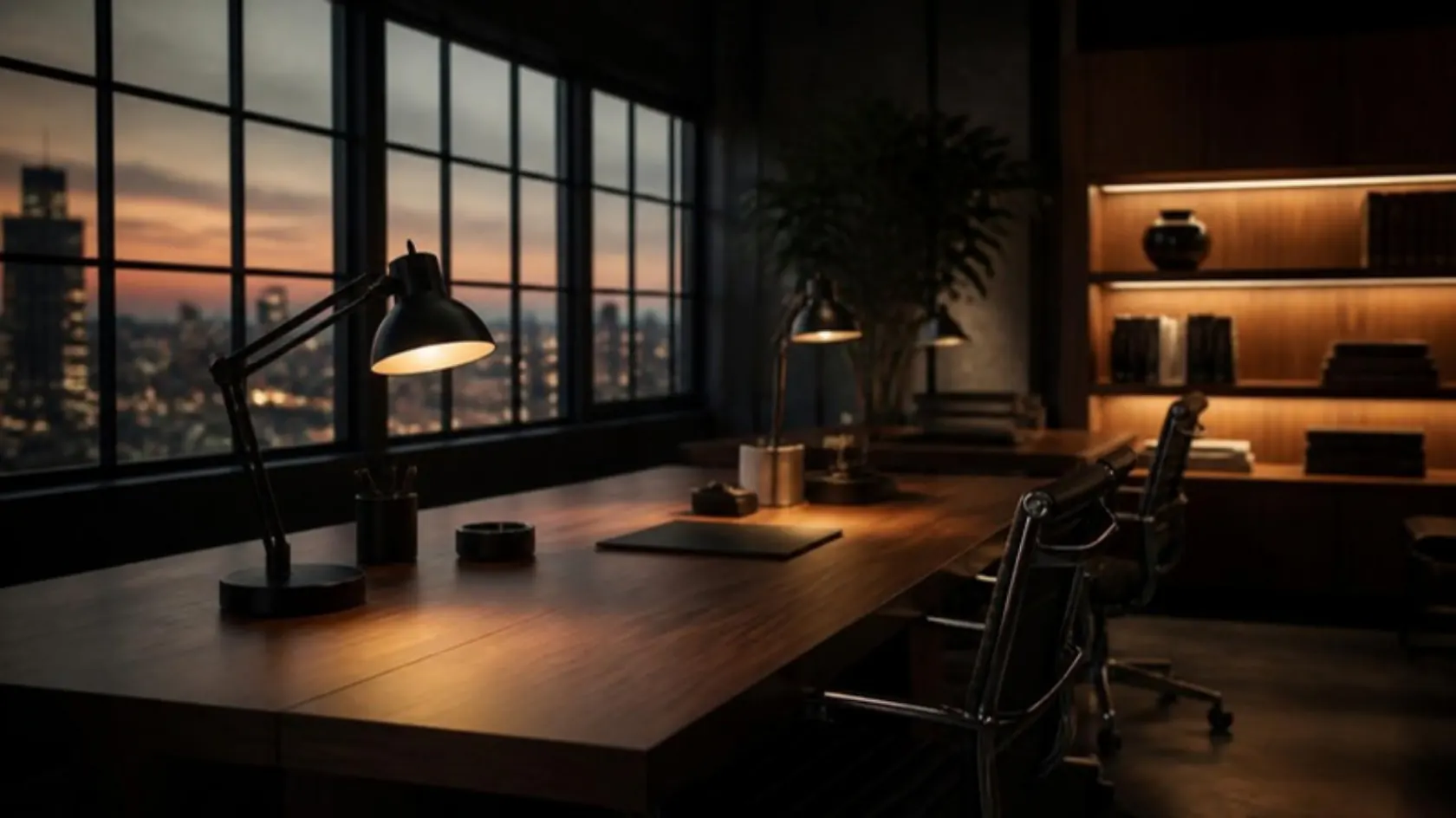 A quiet office at dusk with a long walnut table and desk lamps