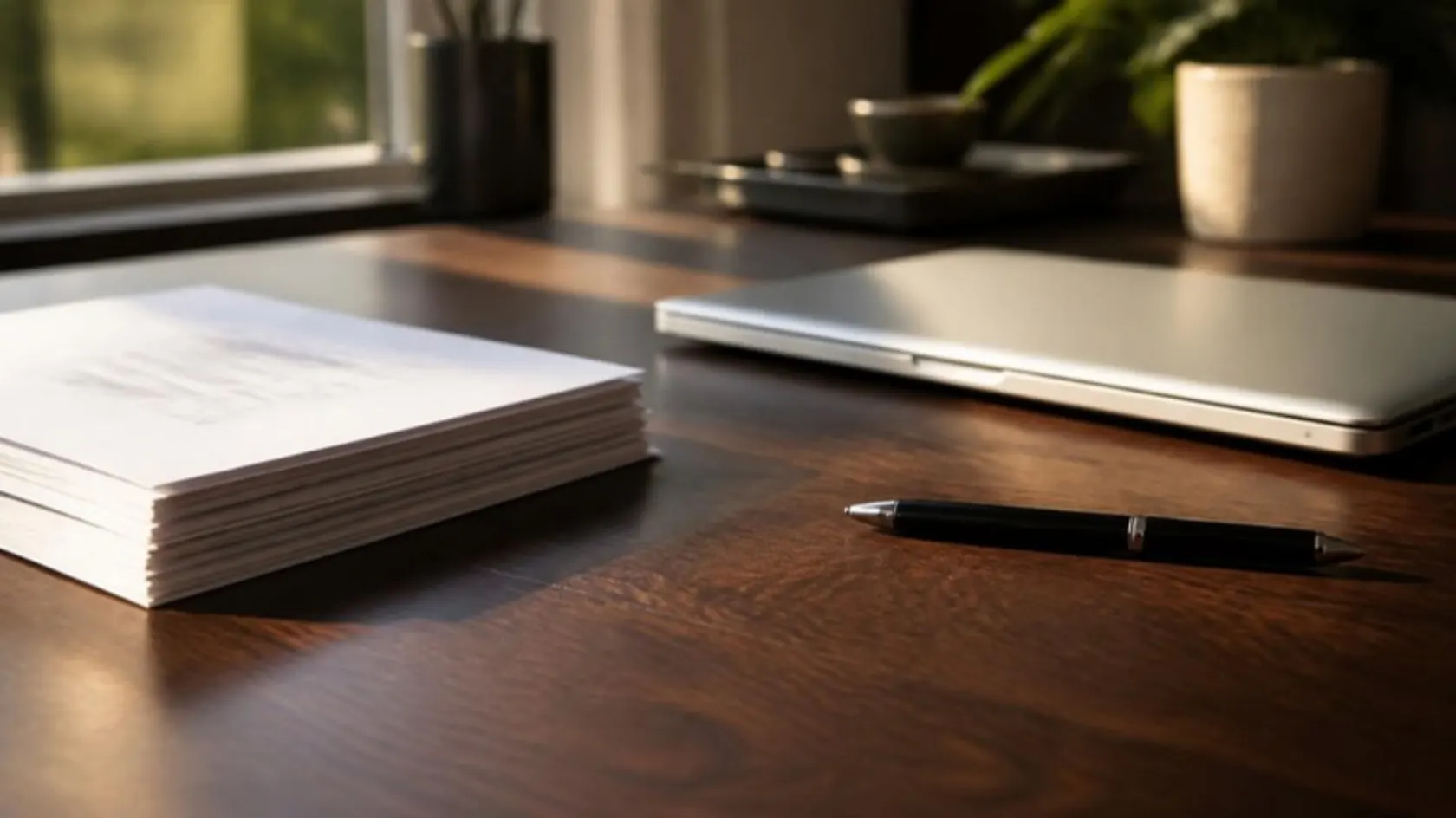 A walnut desk with a stack of documents, a closed laptop and a pen